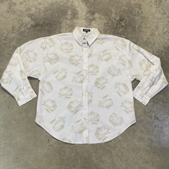Express Shirt Womens Medium Boyfriend Portofino Button Up Leaf Print White - Picture 2 of 10